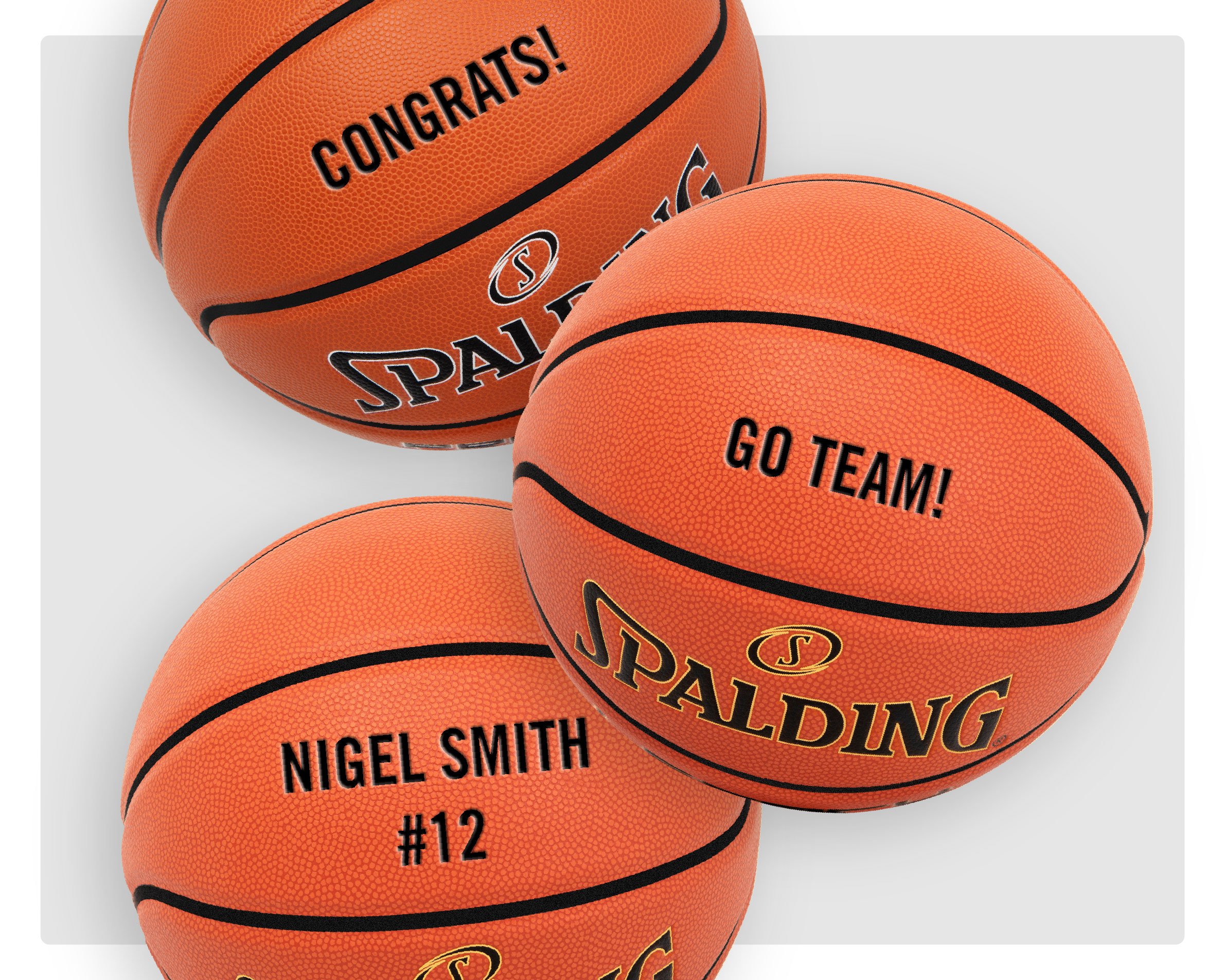   Orange Spalding basketballs with custom text examples. Go Team! Nigel Smith #12 Congrats!